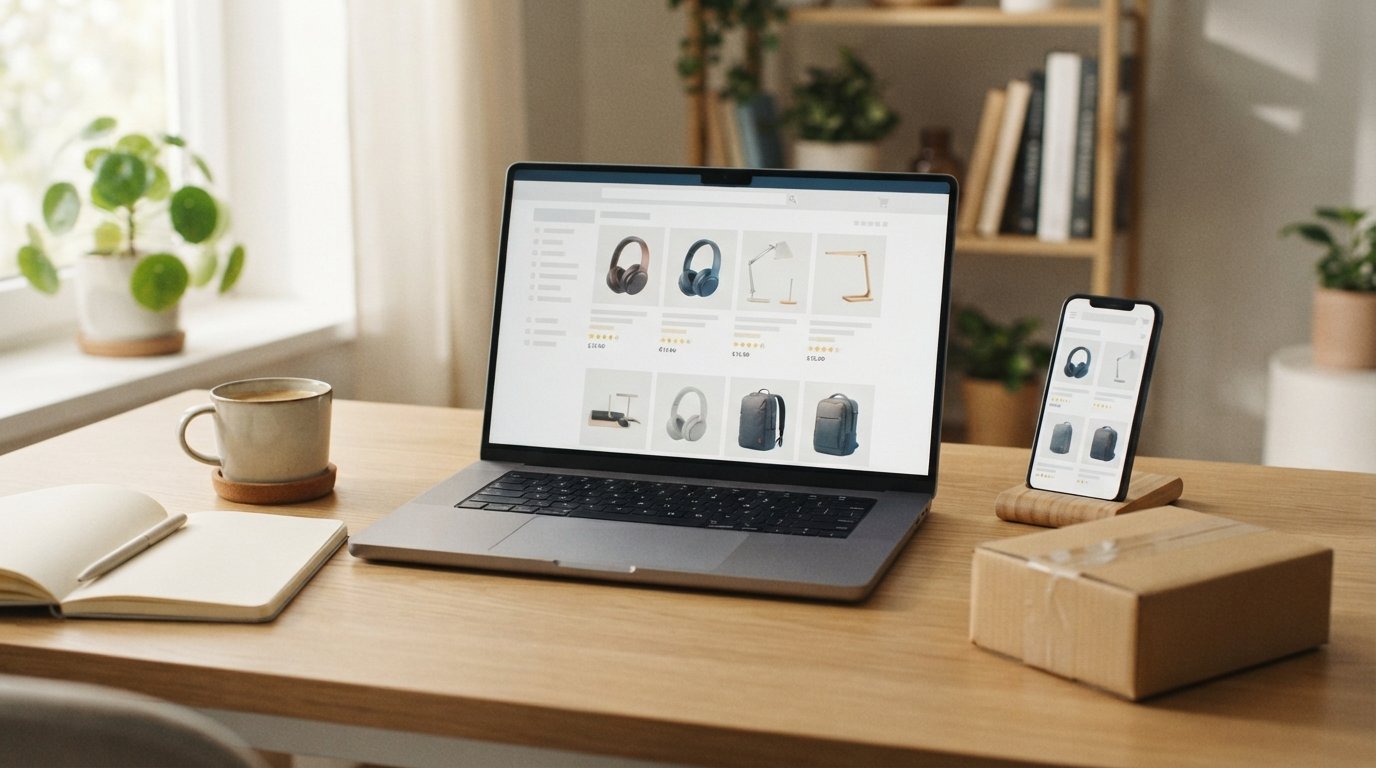 Pessoa pesquisando produtos e compras pela internet em ambiente doméstico