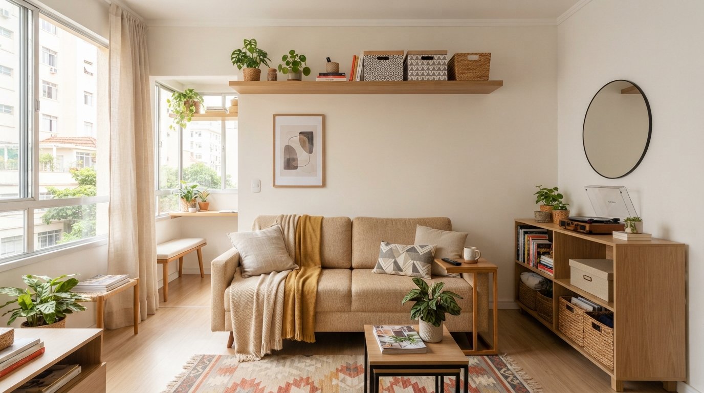 Sala de apartamento pequeno organizada com soluções para aproveitar melhor o espaço